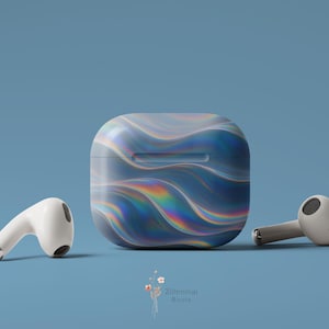 May include: A set of white wireless earbuds and a matching case. The case has a swirling, iridescent design in shades of blue, purple, and green. The earbuds and case are on a blue background.