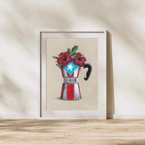 Boricua Greca Coffee Pot Art Print | Puerto Rico Cafetera Wall Decor | Moka Pot Café |Coffee Lover Gift | Cafecito Kitchen Art | 8.5x11”