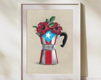 Boricua Greca Coffee Pot Art Print | Puerto Rico Cafetera Wall Decor | Moka Pot Café |Coffee Lover Gift | Cafecito Kitchen Art | 8.5x11”