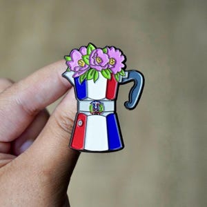 Dominican Coffee Pot Enamel Pin: DR Flag Moka Pot with Bayahibe Flowers