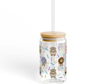 Sipper Glass - Cute Bear Donut Design, Fun Glassware for Kids, Colorful Drinkware, Unique Beverage Cup, Birthday Gift Idea