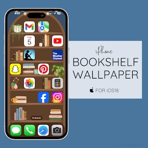 May include: A digital illustration of an iPhone screen with a bookshelf wallpaper. The wallpaper features a brown bookshelf with various books, plants, and icons for apps like Instagram, Facebook, Pinterest, and the Weather Channel. The text "iPhone BOOKSHELF WALLPAPER FOR IOS18" is displayed on a blue background.