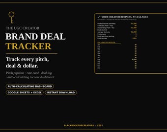 UGC Brand Deal Tracker | Pitch Pipeline, Rate Card, Income Dashboard Spreadsheet, Influencer Collab Organizer, Excel Google Sheets
