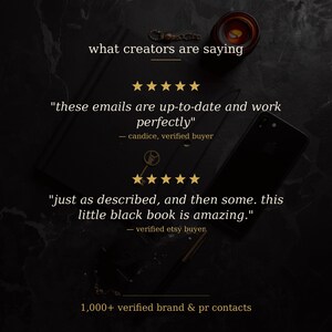 May include: A black graphic featuring the text what creators are saying, followed by two five-star reviews. The first states these emails are up-to-date and work perfectly by candice, verified buyer. The second states just as described, and then some. this little black book is amazing. by verified etsy buyer, with 1,000+ verified brand & pr contacts at the bottom.
