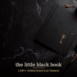 May include: A black notebook with a gold key emblem on the cover, featuring the text "the little black book" and "1,000+ verified brand & pr contacts" in white and gold lettering, accompanied by a gold chain and a pen.