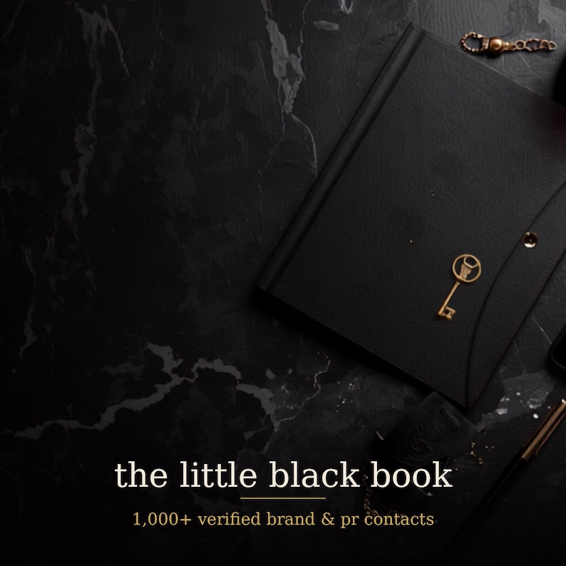 May include: A black notebook with a gold key emblem on the cover, featuring the text "the little black book" and "1,000+ verified brand & pr contacts" in white and gold lettering, accompanied by a gold chain and a pen.