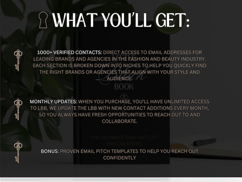 May include: A black book titled Little Black Book with gold key icons. Text reads: WHAT YOU'LL GET: 1000+ VERIFIED CONTACTS: DIRECT ACCESS TO EMAIL ADDRESSES FOR LEADING BRANDS AND AGENCIES. MONTHLY UPDATES: UNLIMITED ACCESS. BONUS: PROVEN EMAIL PITCH TEMPLATES.