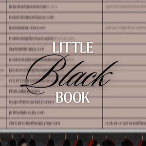 May include: A document with a light brown background featuring a grid of email addresses in black text. The words LITTLE BLACK BOOK are centered in the middle in a combination of white sans-serif and black script fonts over the list of contacts.