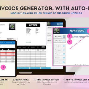 Può includere: Uno schermo di computer che mostra un programma software chiamato "FinWiz Business Tools LLC" con un logo blu e bianco. Il programma è un generatore di fatture con funzionalità di autocompilazione. Lo schermo mostra un menu rapido con opzioni per "Nuova fattura", "Elenco fatture", "La mia azienda", "I miei clienti", "Elenco prodotti" e "Istruzioni". Il testo "QUICK MENU" è visualizzato in un riquadro blu con il numero "2" in un cerchio rosa. Il testo "Nuova fattura" è in un riquadro blu con il numero "3" in un cerchio rosa. Il testo "Aggiungi all'elenco delle fatture" è in un riquadro blu con il numero "4" in un cerchio rosa. Il testo "Il menu rapido non apparirà sulla fattura stampata" è visualizzato nella parte inferiore dello schermo.