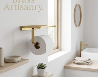 Handcrafted Unlacquered Solid Brass Toilet Paper Holder with Shelf