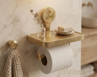 Handcrafted Unlacquered Solid Brass Toilet Paper Holder with Shelf – Minimalist Luxury Bathroom Accessory
