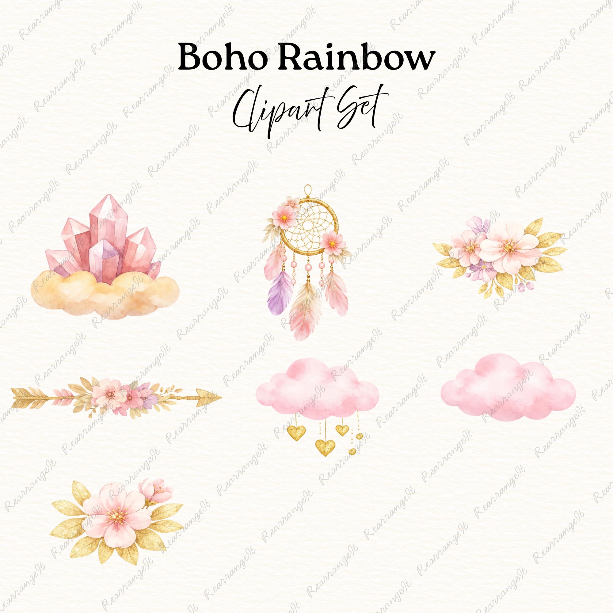 Boho Rainbow Clipart Set, Pink Gold Watercolor Bundle (25 PNG Files) - Etsy