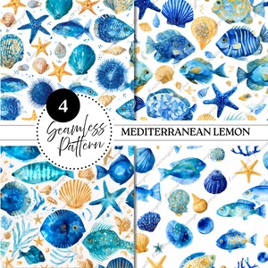 Medelhavets sömlösa mönster, akvarell tropisk fisk skal sjöstjärna digitalt papper, havsdjur