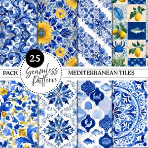 25 sömlösa mönster med medelhavsplattor, digitalt papper med blått och vitt azulejomönster, akvarell citron clipart, tygtryck med citron och kustmotiv