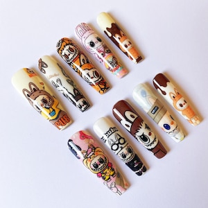 XL Coffin Labubu Inspired Nail Art | Handmade Kawaii False Nails | Colorful Character Nail Set.