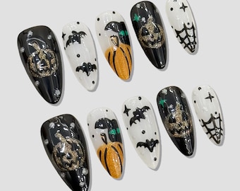 Handmade Halloween Press On Nails – Ghost, Pumpkin, Bat Art