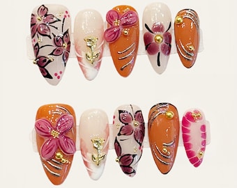 3D Floral Press On Nails, Almond Autumn Nail Set