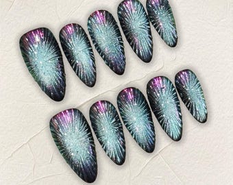 Uñas postizas holográficas con forma de concha marina, diseño de uñas de sirena iridiscente en 3D