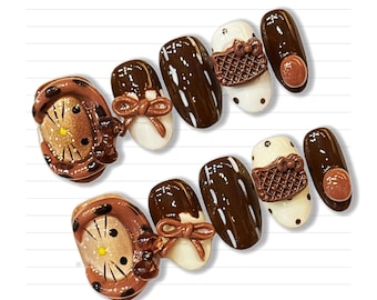 Handmade Chocolate Cat Press On Nails – 3D Bow Waffle Design, Kawaii Nail Art