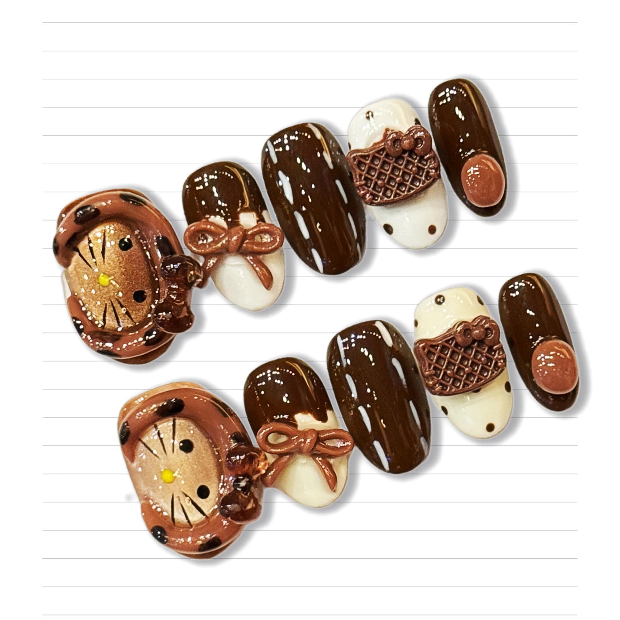 Handmade Chocolate Cat Press On Nails - 3D Bow Waffle Design, Kawaii Nail Art