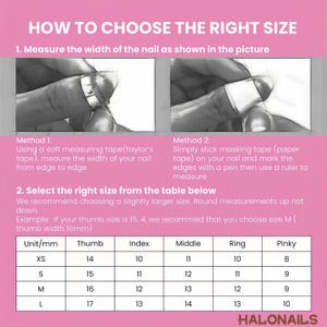 Puede incluir: Un gr&aacute;fico que muestra c&oacute;mo elegir el tama&ntilde;o correcto para las u&ntilde;as postizas. El gr&aacute;fico incluye medidas en mil&iacute;metros para el pulgar, el &iacute;ndice, el medio, el anular y el me&ntilde;ique. El gr&aacute;fico tambi&eacute;n incluye el tama&ntilde;o correspondiente para cada dedo, que va de XS a L.