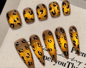 Uñas postizas con estampado de leopardo, purpurina y efecto degradado – Uñas postizas hechas a mano