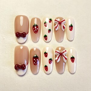 Medium Oval  Strawberry and Bow art nails, press on nails, glue on cute nails, reuse nails, jelly fake nail, glitter shine Christmas nail