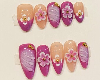 3D Flower Press On Nails – Handmade Rhinestone Floral Nail Set