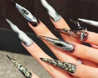 3D-slangpers op nagels, gotische chroomslangnagelkunst, XL stiletto