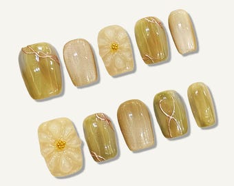 Handmade Olive Green Floral 3D Press On Nails – Gold Line Art