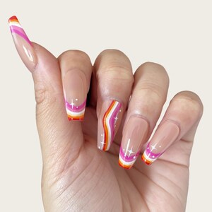Long Coffin Rainbow Pride Press On Nails: Hand-Painted LGBT+ Pride Flag