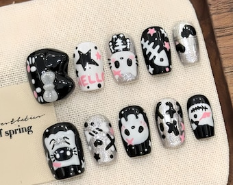 Kawaii Kitty Cartoon Press On Nails – Black, White & Pink Halloween Nail Art