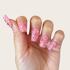 Medium Square  Pinky art nails, press on nails, glue on cat eye nails, reuse nails, jelly fake nail, glitter shine ,dating nails