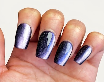Uñas postizas cuadradas de ojo de gato morado: uñas postizas con purpurina