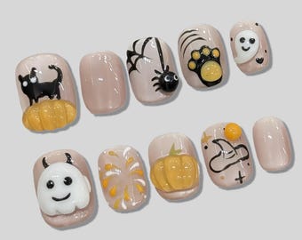 Handmade Halloween Press On Nails – Ghost, Cat & Pumpkin Designs