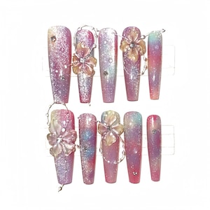 3D Dewdrops  Flower XL Coffin Press On Nails, Floral Handmade Gel False Nails for Birthday Event Party Holiday Vacation, Spring Nails