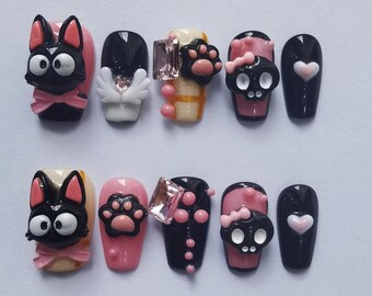 Uñas postizas 3D con forma de pata de gato y calavera: Gemas negras y rosas kawaii - Cosplay de Halloween