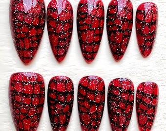 Red Snakeskin Press On Nails: Bling Valentine's Day Almond Nails