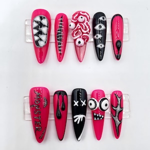 Horror Eyes Monster Press On Nail, Halloween/Cosplay/Carnival Nails Art, Hand painted Fake Nail, Reusable Gel Nail,Holiday, Gift for Her