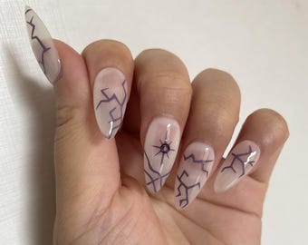 Uñas postizas estilo cazador de demonios K-pop / Arte de uñas gótico hecho a mano