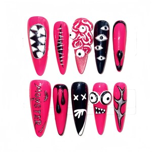 Blood Eyes Long Stiletto Press On Nail, Halloween/Cosplay/Carnival Nail Art, Handpainted Fake Nail, Reusable Nail, Gift for Her