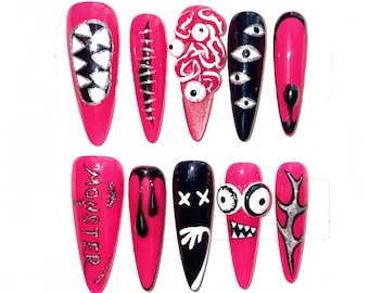 Hand Painted Halloween Press On Nails, Blood Eyes Stiletto, Carnival Cosplay, Reusable Fake Nail