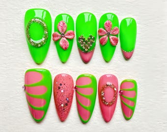Handmade Floral Press-On Nails: Green & Pink 3D Blossom Nail Art