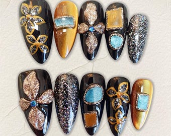 Almond Blue Cat Eye Press On Nails, Glitter Shine, Handmade