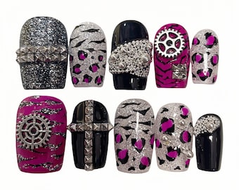 Hot Pink Leopard Press On Nails, Handmade Punk Silver Stud Rhinestone 3D Nail Art