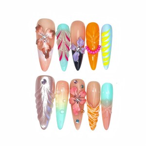 Long Almond   Flowers Press On Nails with 3D blossoms，Fairy Tale Inspired Fake Nails, Birthday Holiday Nails Art, Gifts for Her