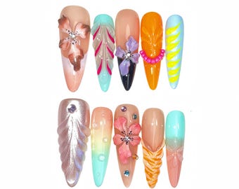 Long Almond Press On Nails: 3D Blossom Fairy Tale Nails