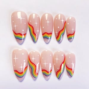 Almond LGBT+ Pride Rainbow Press On Nails: Hand-Painted Pride Flag
