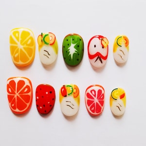 Hand-Painted Fruit Press On Nails: Summer Citrus Nail Art