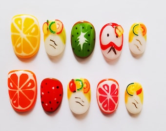 Hand-Painted Fruit Press On Nails: Summer Citrus Nail Art